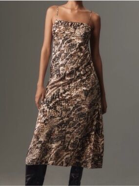 Anthropologie 🖤 Brown and Black Snake-Print Midi Slip Dress